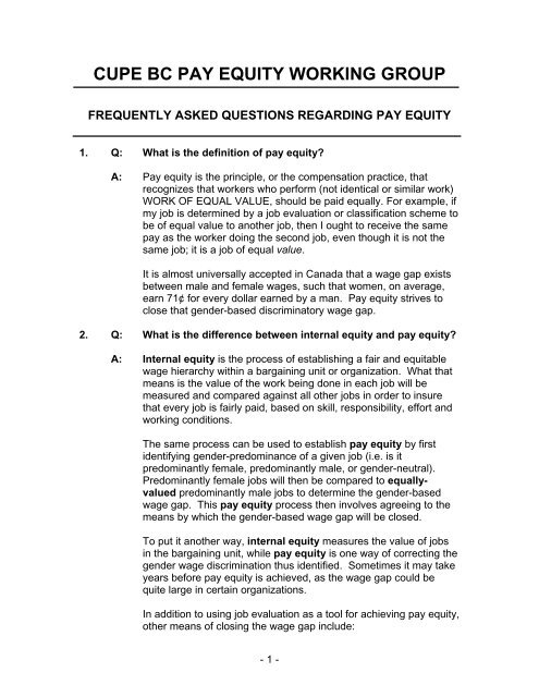 Pay Equity questions and answers - CUPE BC