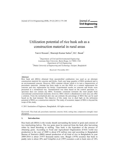 Utilization potential of rice husk ash as a construction material in ...