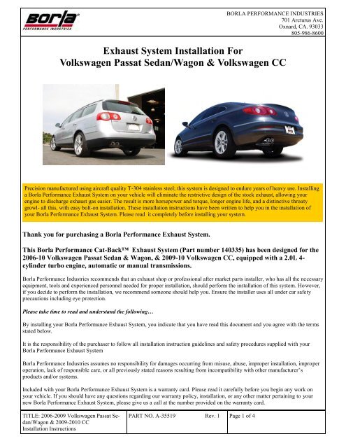 Exhaust System Installation For Volkswagen Passat Sedan/Wagon ...
