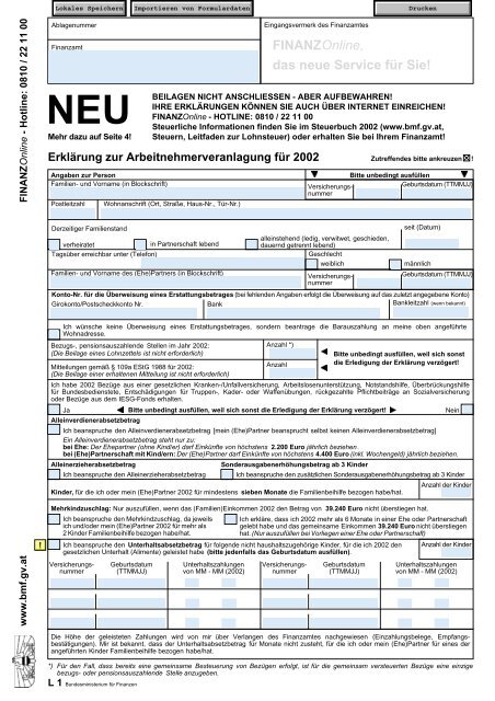 L1 - ErklÃ¤rung zur Arbeitnehmerveranlagung fÃ¼r 2002 - (Formular)