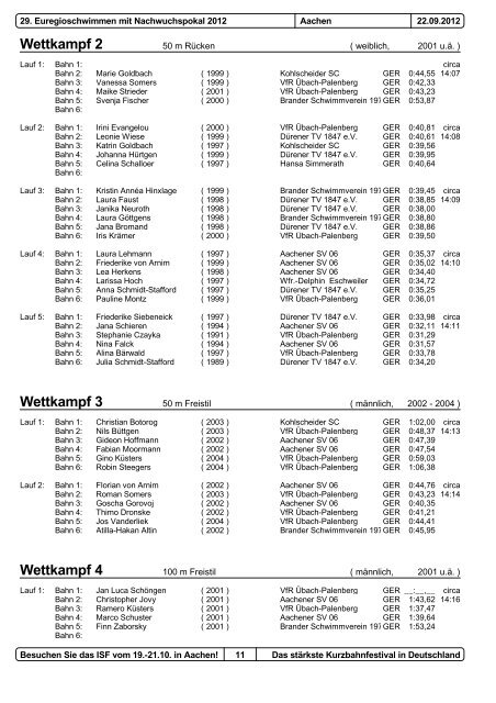 29. Euregioschwimmen 2012 Meldeergebnis - Aachener ...