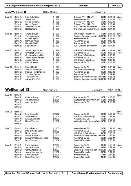 29. Euregioschwimmen 2012 Meldeergebnis - Aachener ...