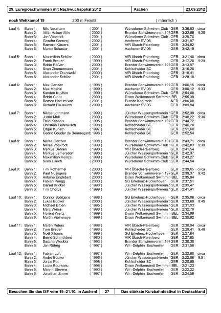 29. Euregioschwimmen 2012 Meldeergebnis - Aachener ...