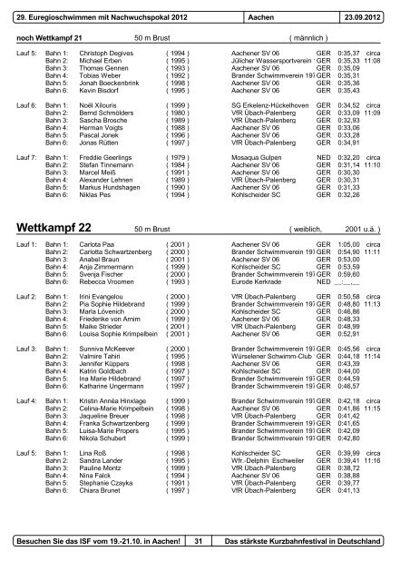 29. Euregioschwimmen 2012 Meldeergebnis - Aachener ...