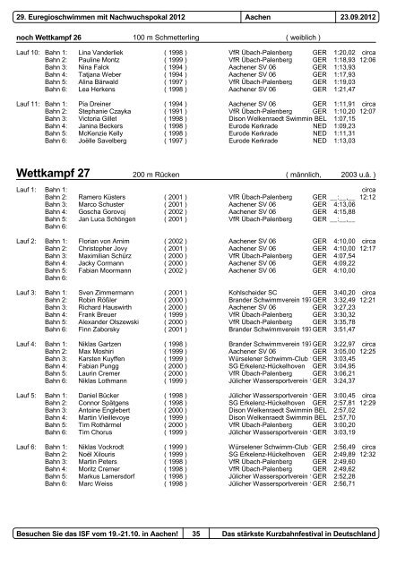 29. Euregioschwimmen 2012 Meldeergebnis - Aachener ...