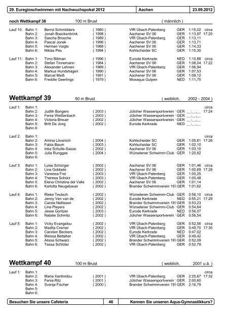 29. Euregioschwimmen 2012 Meldeergebnis - Aachener ...