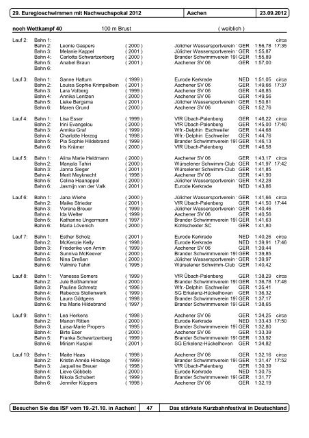 29. Euregioschwimmen 2012 Meldeergebnis - Aachener ...