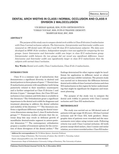 dental arch widths in class i normal occlusion and class ii division 2 ...