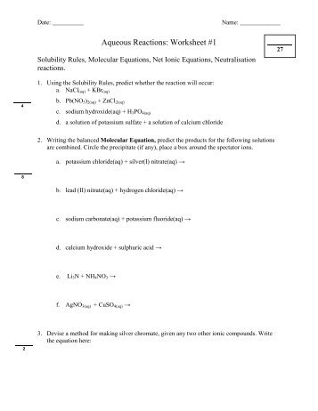 Aqueous Reactions: Worksheet #1 - WC Miller Collegiate