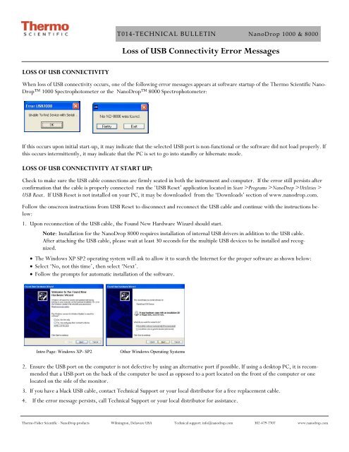 Loss of USB Connectivity Error Messages - NanoDrop