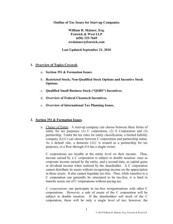 Outline of Tax Issues for Start-up Companies - Fenwick & West LLP