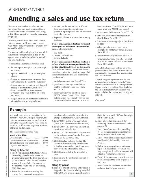 Amending a sales and use tax return instructions - Minnesota . 