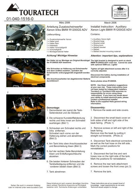 Installat Instruction: Auxilliary Xenon Light BMW ... - Touratech-USA