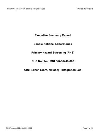 PHS Number: SNL06A00448-008 CINT (clean roo - Center for ...