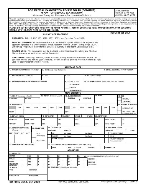 Dd 2351 Dodmerb Report Of Medical Examination Brookside