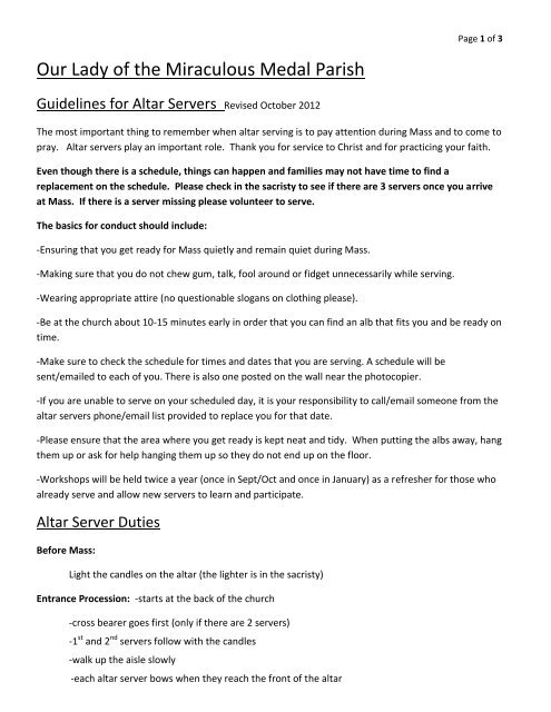 Guidelines for Altar Servers - Our Lady of the Miraculous Medal