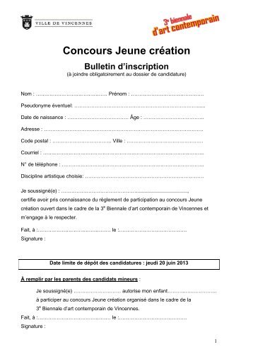 rÃ¨glement et bulletin de participation au concours jeune crÃ©ation 2013
