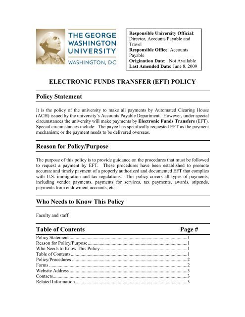 ELECTRONIC FUNDS TRANSFER (EFT) POLICY Policy Statement ...