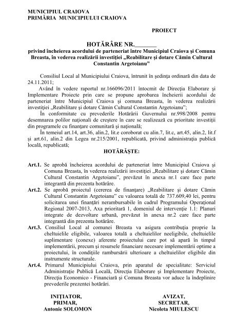 Indifference spouse Contradict Proiect de hotarâre privind aprobarea încheierii ... - Primaria Craiova