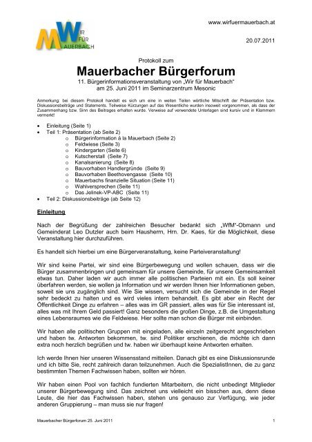 Protokoll zum vierten Mauerbacher BÃ¼rgerforum am 25. Juni 2011 ...