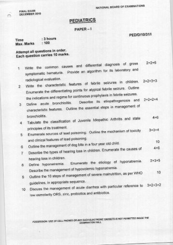 DNB Final examination (Paediatrics) December 2010 Question Papers