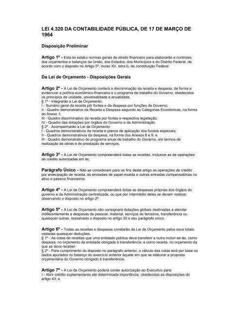 Lei 4.320 da Contabilidade PÃºblica, de 17 mar 64