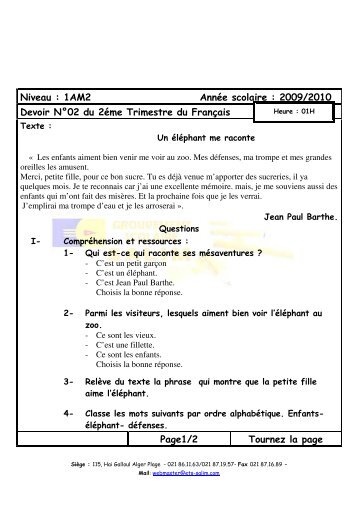 Devoir NÂ°2 FranÃ§ais 1AM2 - Groupement Scolaire Salim