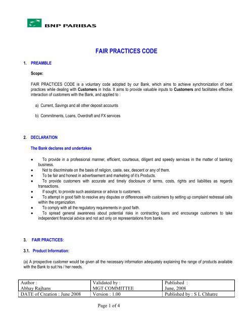 FAIR PRACTICE CODE POLICY DOC - BNP Paribas