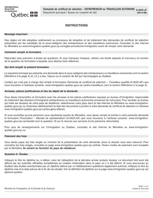 Demande De Certificat De Sa C Lection Immigration Qua C Bec