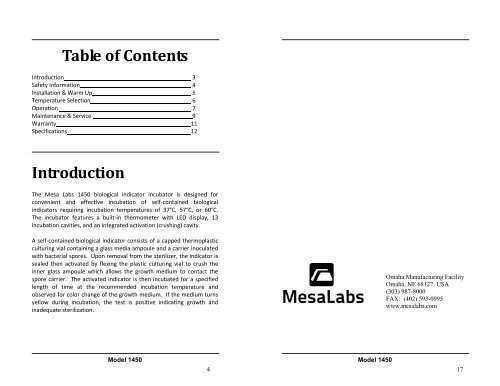 1450 Incubator Manual English - Mesa Labs