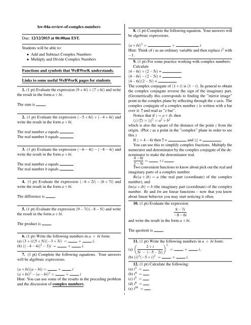 Add and subtract complex numbers webwork mathematical 