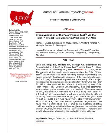 Cross-Validation of the Polar Fitness Test TM via the Polar F11 ...