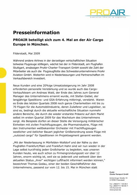 Pressemitteilung PROAIR ACE Mai 2009