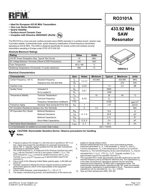 433.92 MHz SAW Resonator RO3101A - RF Monolithics, Inc.