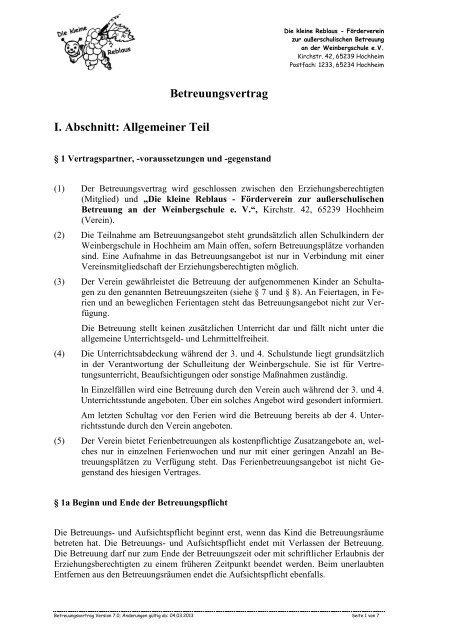 Betreuungsvertrag I Abschnitt Allgemeiner Teil Die Kleine