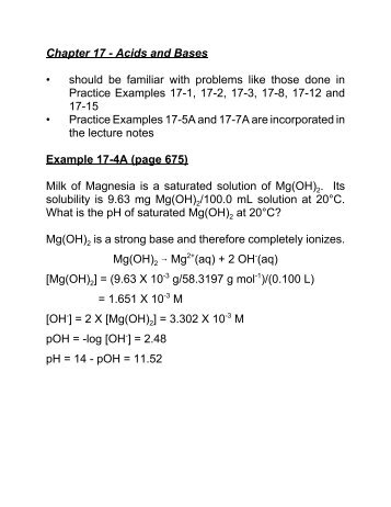 Chapter 17 - Acids and Bases Ã¢Â€Â¢ should be familiar with problems like ...