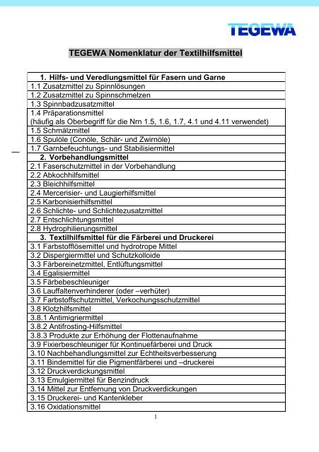 TEGEWA Nomenklatur der Textilhilfsmittel