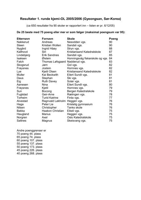 Resultater 1. runde kjemi-OL 2005/2006 (Gyeongsan, SÃƒÂ¸r-Korea)