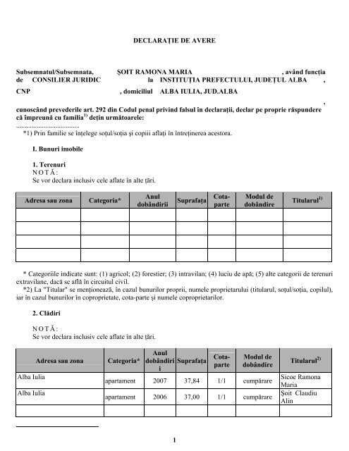 1 DECLARAÅ¢IE DE AVERE Subsemnatul/Subsemnata, ÅOIT ...