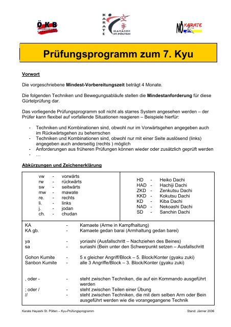 PrÃ¼fungsprogramm zum 7. Kyu - Karate Hayashi St. PÃ¶lten