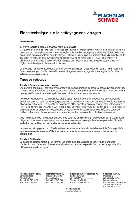 Fiche technique sur le nettoyage des vitrages - Flachglas Schweiz