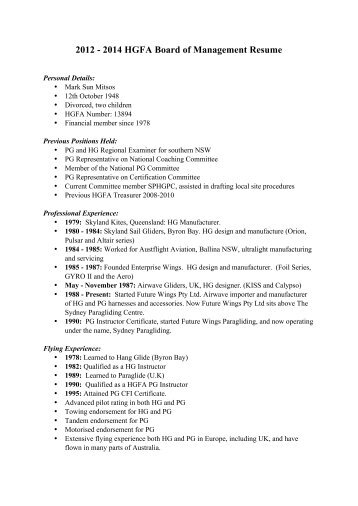 2012 - 2014 HGFA Board of Management Resume - Hang Gliding ...