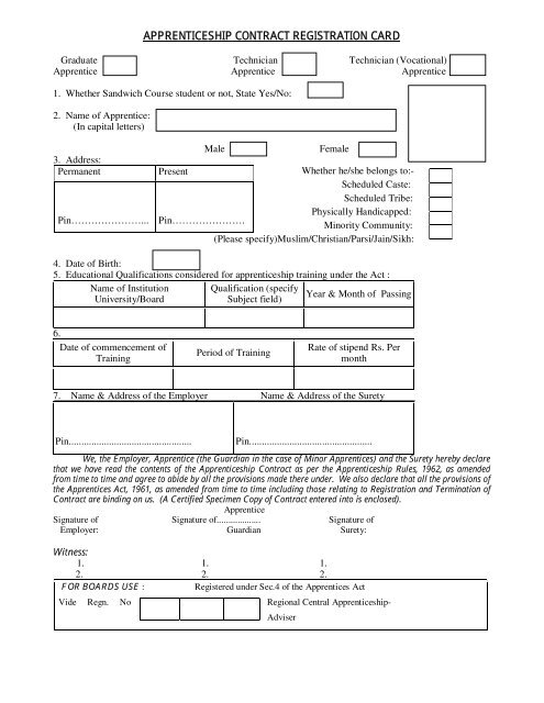 apprenticeship contract registration card - Directorate of Technical ...