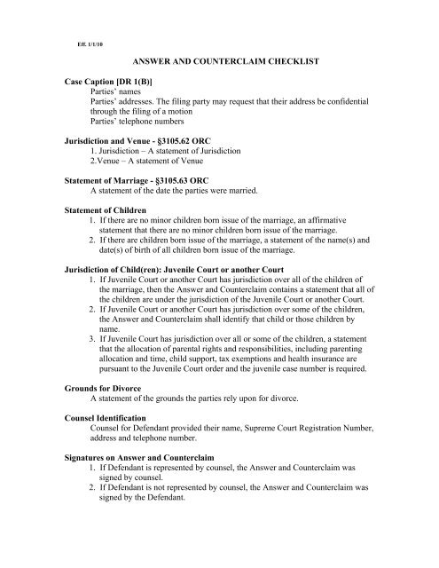 Answer And Counterclaim Checklist Butler County Ohio