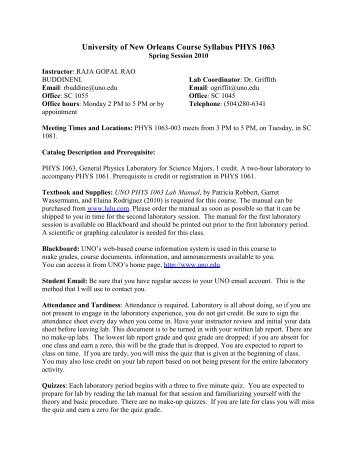 University of New Orleans Course Syllabus PHYS 1063