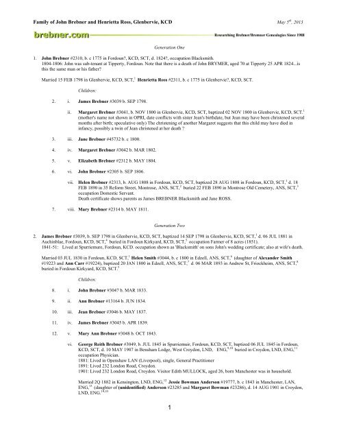 Family of John Brebner and Henrietta Ross, Glenbervie, KCD