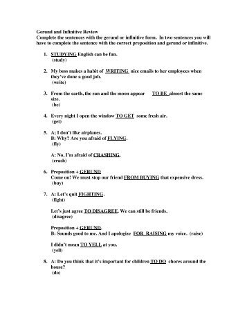Gerund and Infinitive Review Complete the sentences with the ...