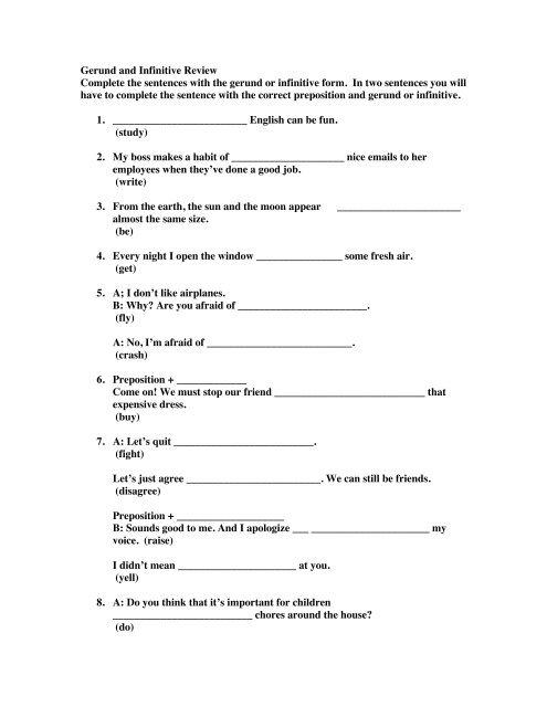 Gerund and Infinitive Review Complete the sentences with the ...