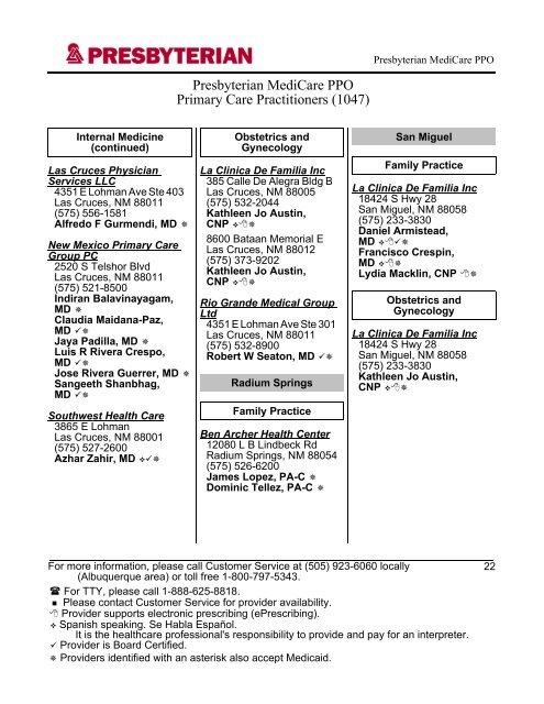 Presbyterian MediCare PPO 2013 Provider Directory