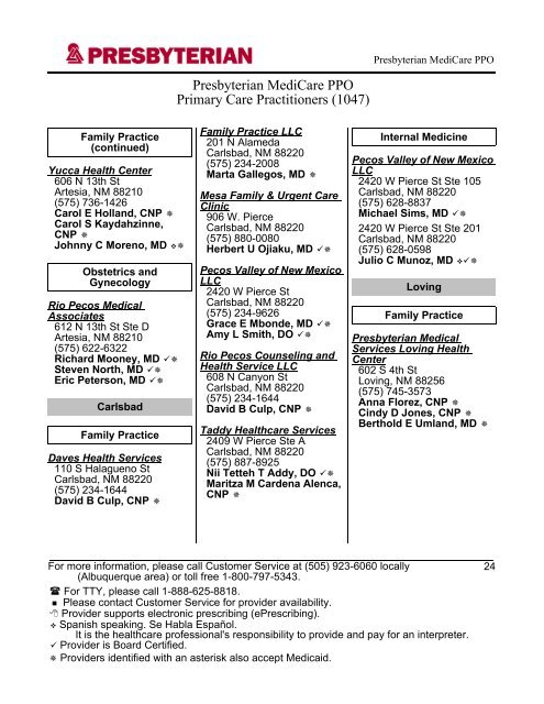 Presbyterian MediCare PPO 2013 Provider Directory